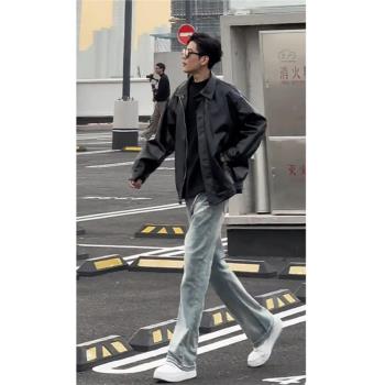 黑色男生痞帥機車棒球服vibe皮衣