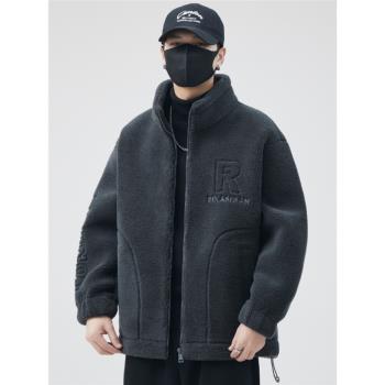 棒球服男款高階感初中高中學生羊羔絨棉服加厚秋冬加大碼寬松外套