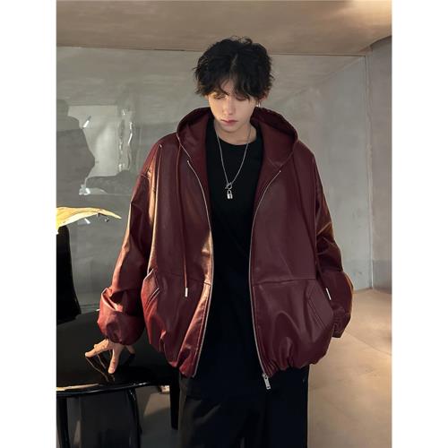 安可拉紅皮衣外套男高級感痞帥春秋廓形短款機車服夾克連帽棒球服