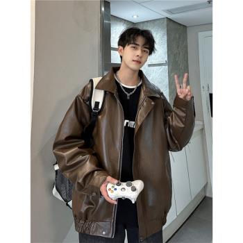 春秋季PU皮衣高街外套ins美式復古機車風皮夾克男寬松情侶棒球服