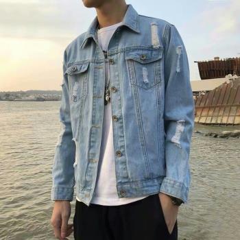冬季寬松破洞男生港風牛仔外套