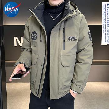 NASA聯名保暖連帽工裝外套男士2024新款冬季輕薄沖鋒衣短款羽絨服