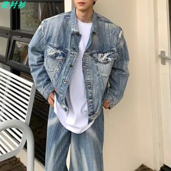 花襯衫美式扎染肌理感牛仔襯衣男春秋vibe風寬松休閑小眾墊肩外套