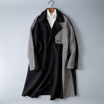 秋冬個性格子拼接寬松中長款風衣