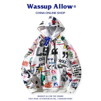 WASSUP ALLOW連帽衛衣男女2024春秋潮牌滿印上衣帽衫情侶百搭外套