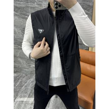 春夏季新款男士時尚簡約純色三角標馬甲外套氣質休閑拉鏈口袋立領