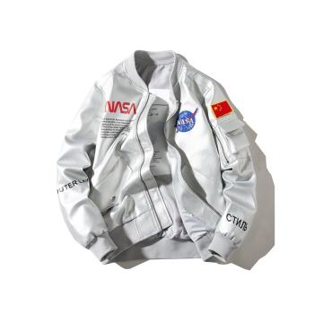 nasa宇航員飛行員皮夾克男士寬松潮牌加絨機車棒球服PU皮衣外套女