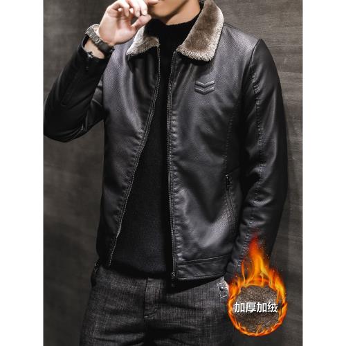 毛領皮衣男冬季外套加絨加厚潮流帥氣機車服修身皮夾克中青年保暖