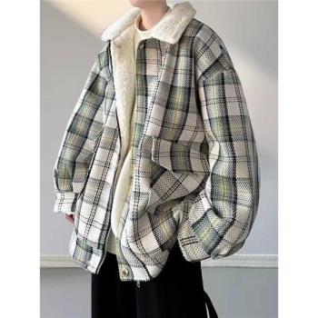 美式復古外套男冬季羊羔毛棉服加絨加厚小香風寬松格子棉衣潮牌