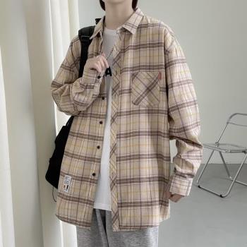 春秋款寬松休閑長袖外套格子襯衫