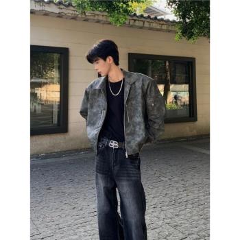 美式復古秋冬季PU皮夾克男士設計感寬松短款飛行員外套痞帥機車服