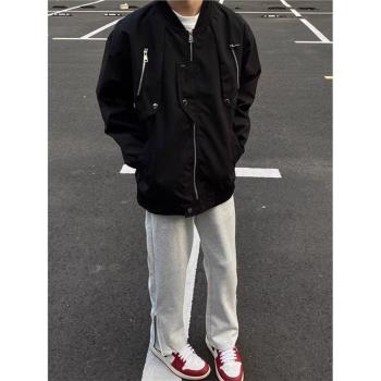 美式街頭飛行員夾克男春秋季新款潮牌新款休閑黑色棒球服寬松外套