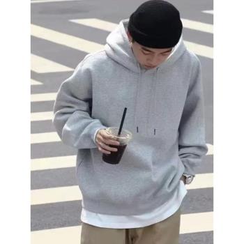 秋冬季新款疊穿外套美式寬松純色oversize灰色連帽衛衣男情侶帽衫