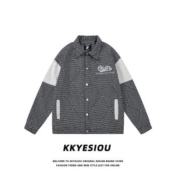 KKyesiou美式潮牌小香風千鳥格棒球服男女復古拼接學院風情侶外套