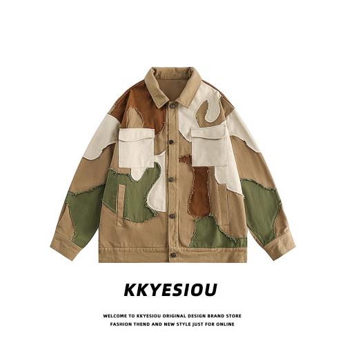 KKyesiou美式潮牌迷彩做舊牛仔外套男女磨毛學院風復古情侶棒球服