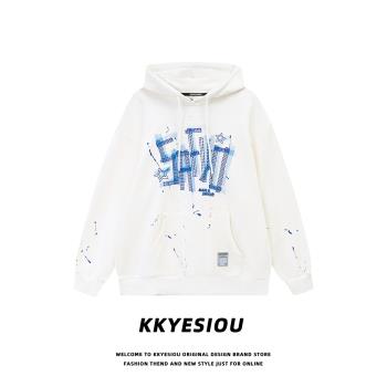 KKyesiou美式復古設計感印花連帽衛衣男女oversize情侶學院風外套