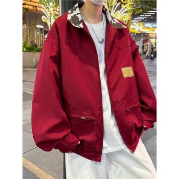 美式高街撞色翻領工裝夾克男2024春秋vintage寬松休閑拉鏈外套