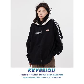 KKyesiou美式復古潮牌三條槓連帽衛衣男女oversize情侶學院風外套