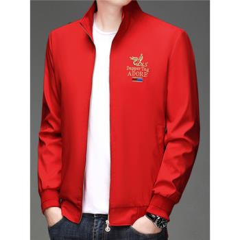 秋季紅色龍刺繡男士夾克外套加絨加厚男裝休閑上衣潮流帥氣棒球服