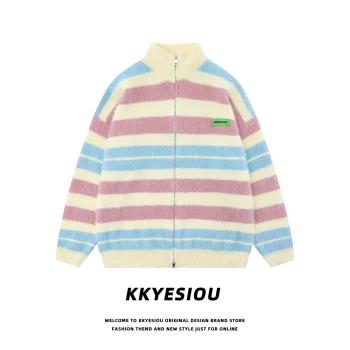 KKyesiou美式復古條紋學院風針織開衫男女oversize多巴胺毛衣外套