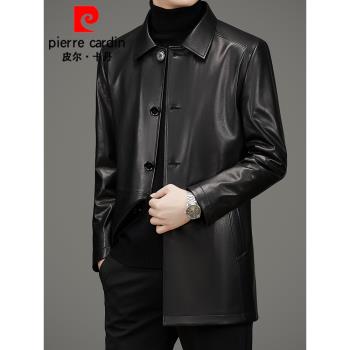 皮爾卡丹男士中長款翻領真皮皮衣