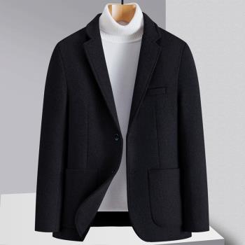 啄木鳥羊毛呢西服男士加厚羊絨呢子外套修身商務黑色休閑西裝大衣