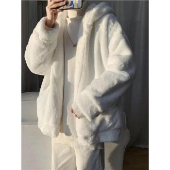 雙面絨羊羔絨外套男秋冬新款潮牌寬松連帽棉服加厚棉襖搖粒絨棉衣