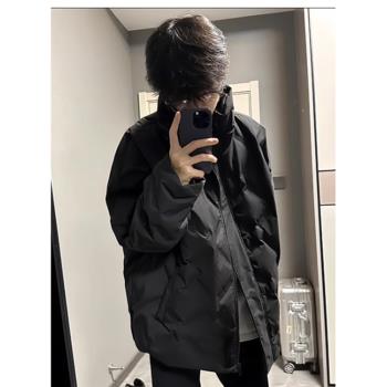 菱形格羽絨棉服男士寬松輕薄美式麵包服高街立領工裝保暖棉衣外套