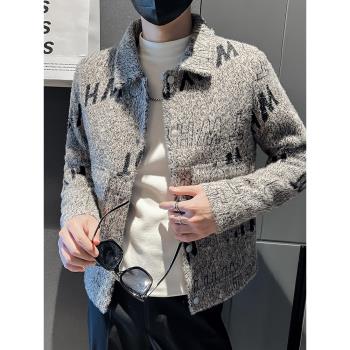 毛呢夾克外套男秋冬季加絨加厚高階感印花水貂絨修身短款呢子大衣