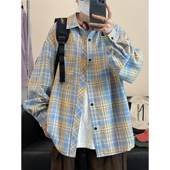 黃藍格子設計感襯衫男款早秋高階感上衣加絨襯衣美式復古中性外套