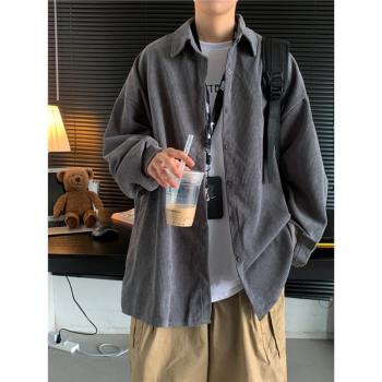 美式復古燈芯絨長袖襯衫男春秋季潮牌休閑翻領襯衣寬松上衣外套潮