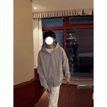 秋冬季重磅純色寬松廓形拉鏈開衫外套男港風連帽疊穿灰色運動衛衣
