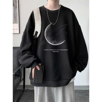 圓領衛衣男2024新款春秋季薄款長袖內搭美式上衣寬松oversize外套