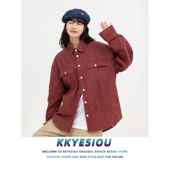 KKyesiou美式復古酒紅色潮牌長袖襯衫男女oversize古著情侶紅外套