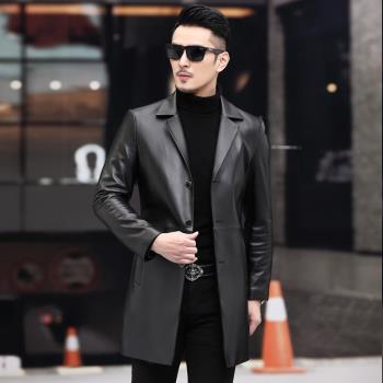 海寧真皮皮衣男綿羊皮中長款風衣修身男士高檔商務皮夾克外套春秋