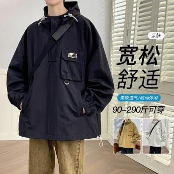 半拉鏈大碼外套男寬松潮胖港風寬松學生連帽夾克5xl胖子工裝男裝