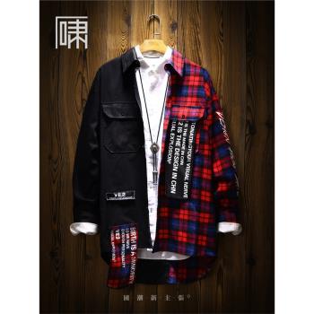 潮牌ins拼接小眾加絨長袖襯衫