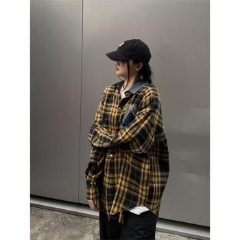 復古簡約拼接格紋男女中性襯衫