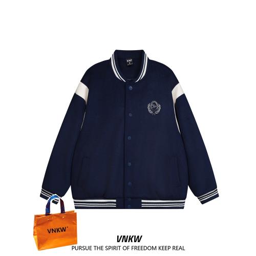 VNKW美式復古刺繡棒球服男女秋冬潮牌pu皮拼毛呢百搭寬松夾克外套