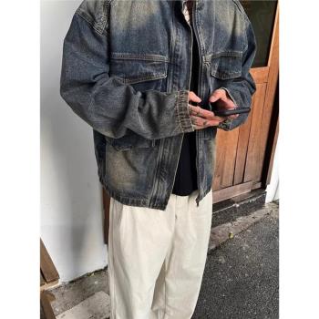 美式重磅復古工裝牛仔夾克男漸變水洗口袋短款寬松立領情侶款外套