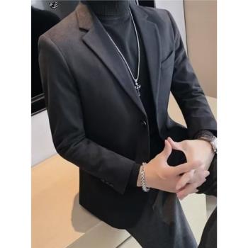 花襯衫一粒扣毛呢西裝外套男春秋商務修身三口袋小西服高階休閑裝
