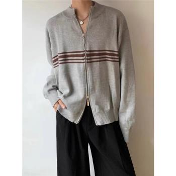 慵懶風秋季毛衣男女條紋寬松雙向拉鏈開衫針織衫百搭痞帥休閑外套