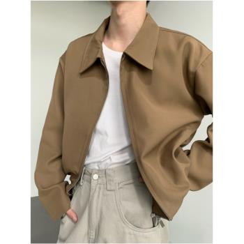 高階感雙拉鏈翻領短款外套男春秋季休閑寬松百搭純色簡約飛行夾克
