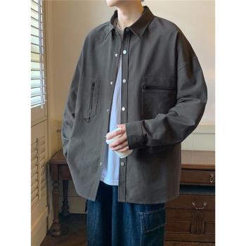 春秋季工裝長袖襯衫男士潮牌寬松學生襯衣秋天上衣服潮流帥氣外套