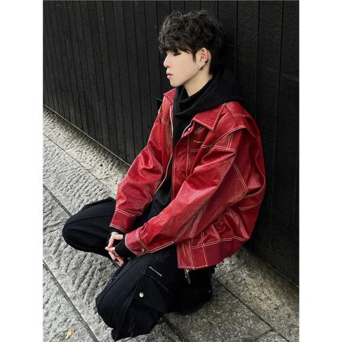 紅色賽車皮衣外套男春秋款男士美式復古痞帥短款機車服夾克高級感