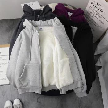 純色連帽外套秋冬季大碼拉鏈開衫