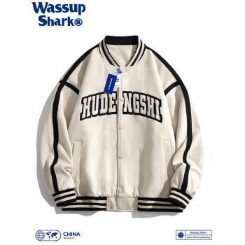 WASSUPSHARK麂皮棒球服男女款秋季情侶ins外套潮牌飛行員復古夾克