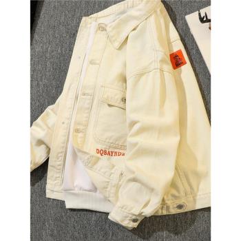 美式重磅印花刺繡牛仔外套男春秋款工裝夾克潮牌寬松休閑卡其上衣
