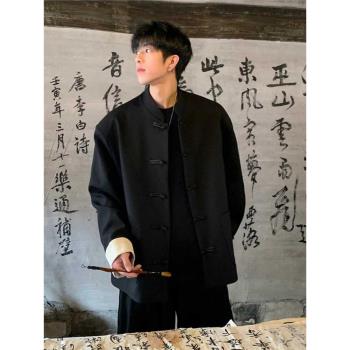 新中式黑色休閑外套男女復古古風氣質設計感小眾國風立領盤扣夾克