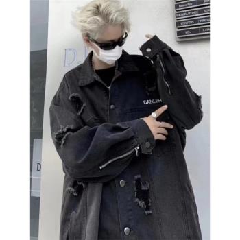 美式高階感牛仔外套男秋季痞帥復古破洞水洗做舊寬松百搭夾克上衣